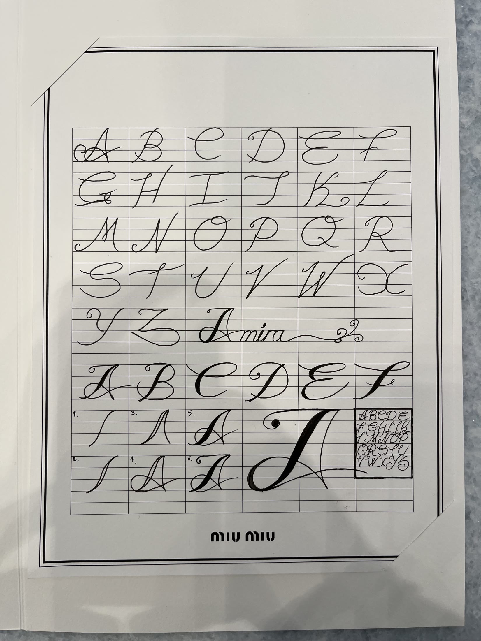 Detailed calligraphy alphabet study prepared for Miu Miu