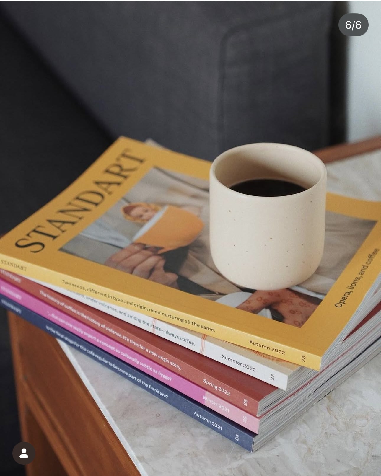 Standart issue 28 with coffee placed on a stack of editions