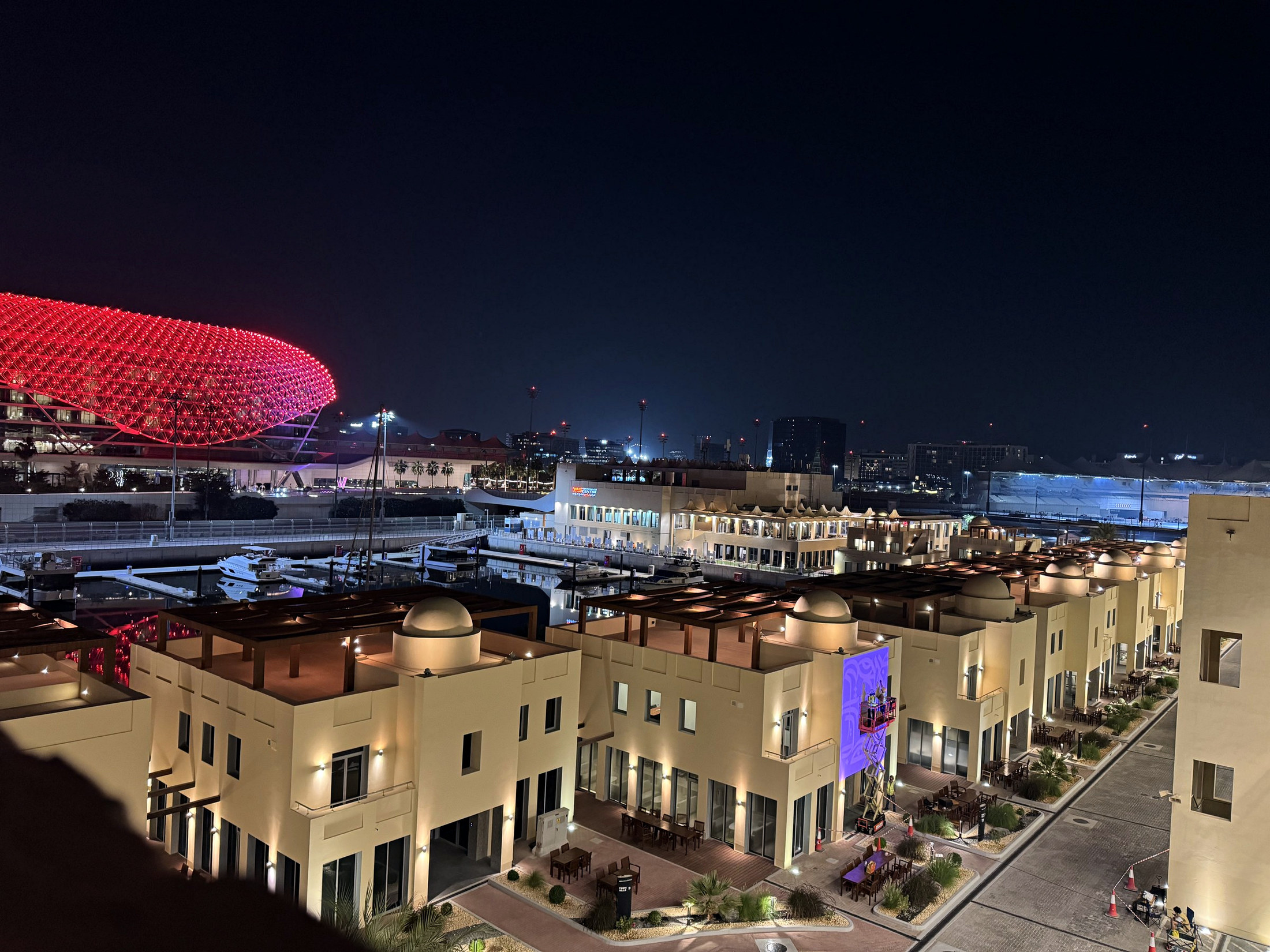 The Team Villas and Yas Marina Circuit under Grand Prix preparation at night